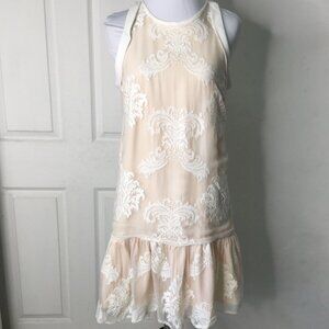 Aijek Women's White Nude Lace Sleeveless Drop Waist Skater Dress Size 1 /  4 US